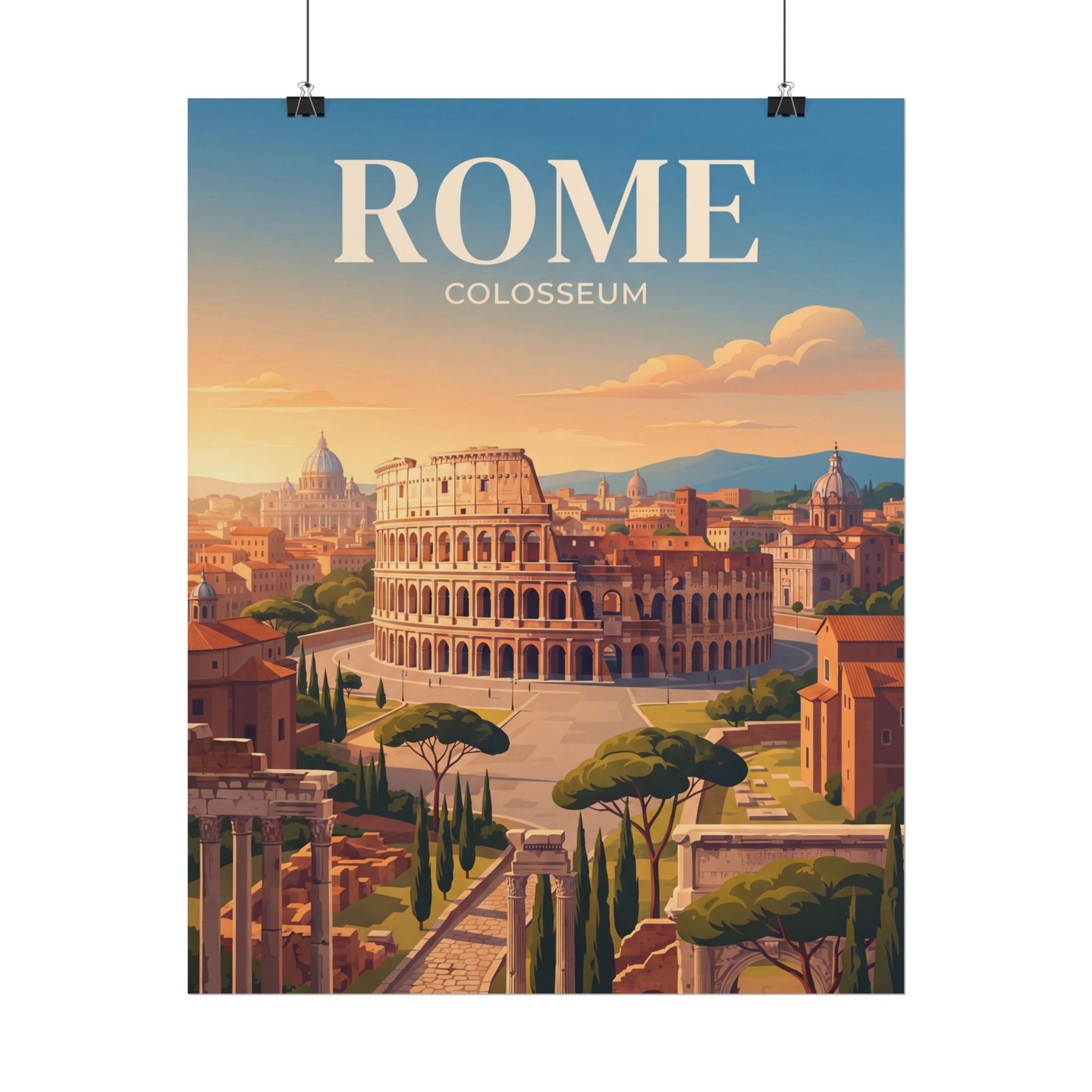Rome Colosseum paper poster hanging up with amphitheater illustration and skyline