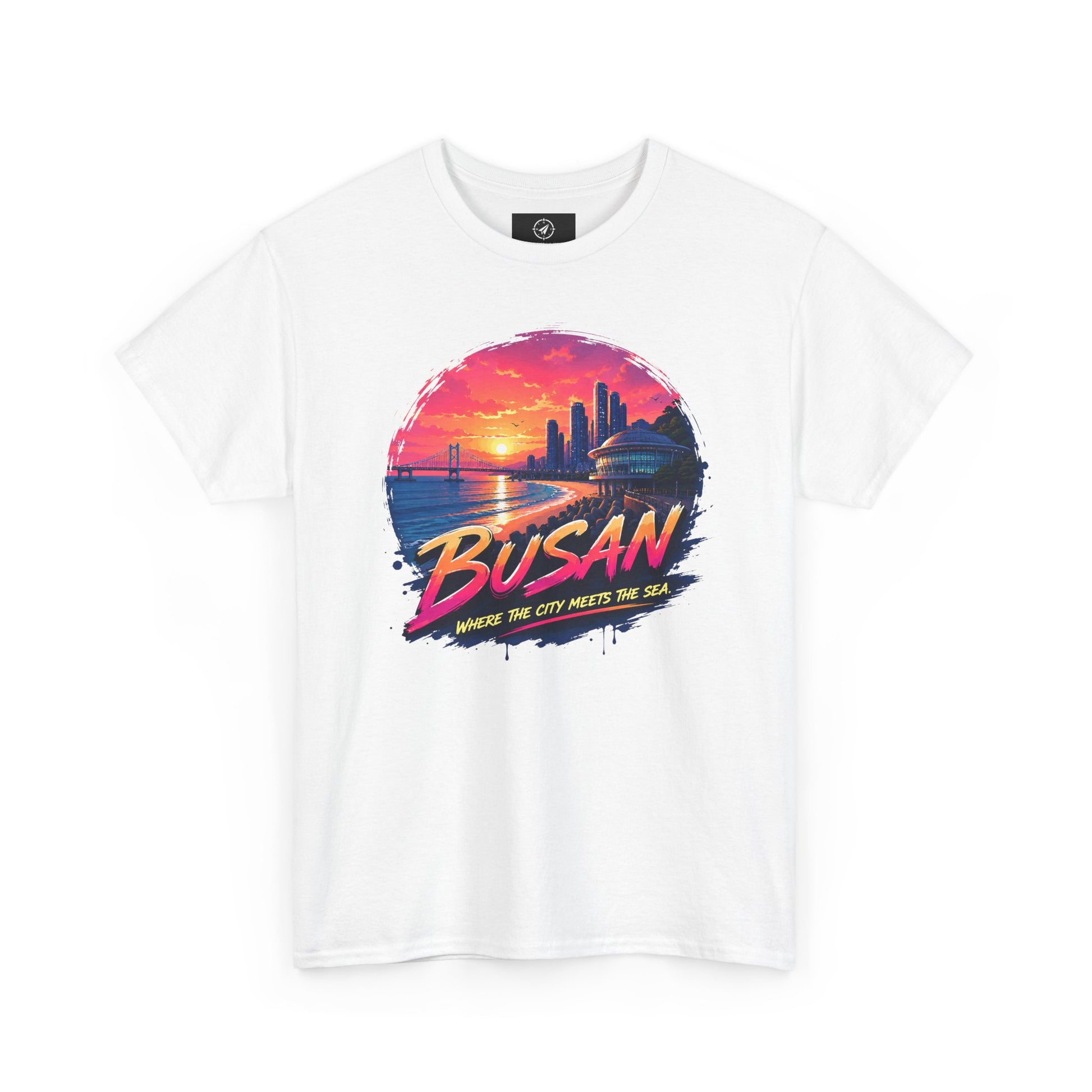 White crewneck t-shirt with Busan sunset city graphic on front, short sleeves