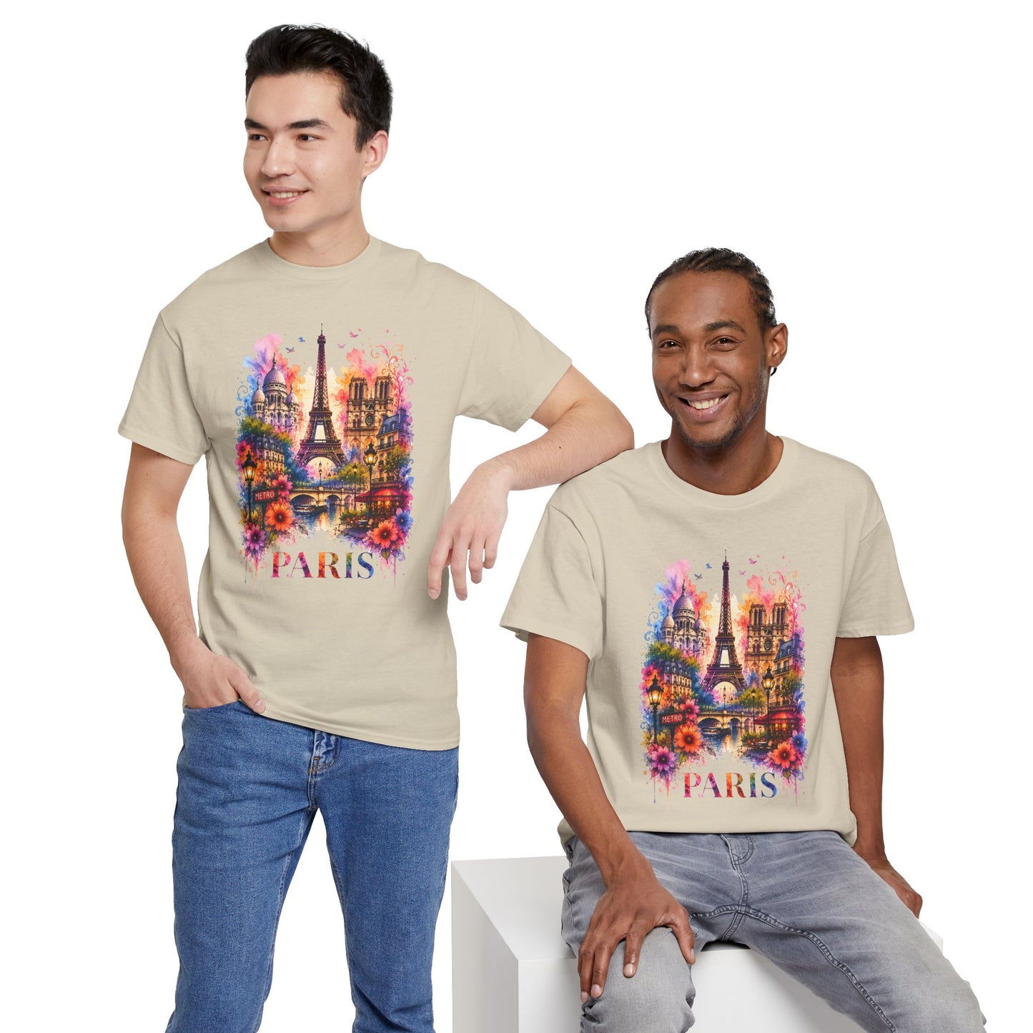 Natural/beige graphic T-shirt with colorful floral Eiffel Tower illustration and “PARIS” text