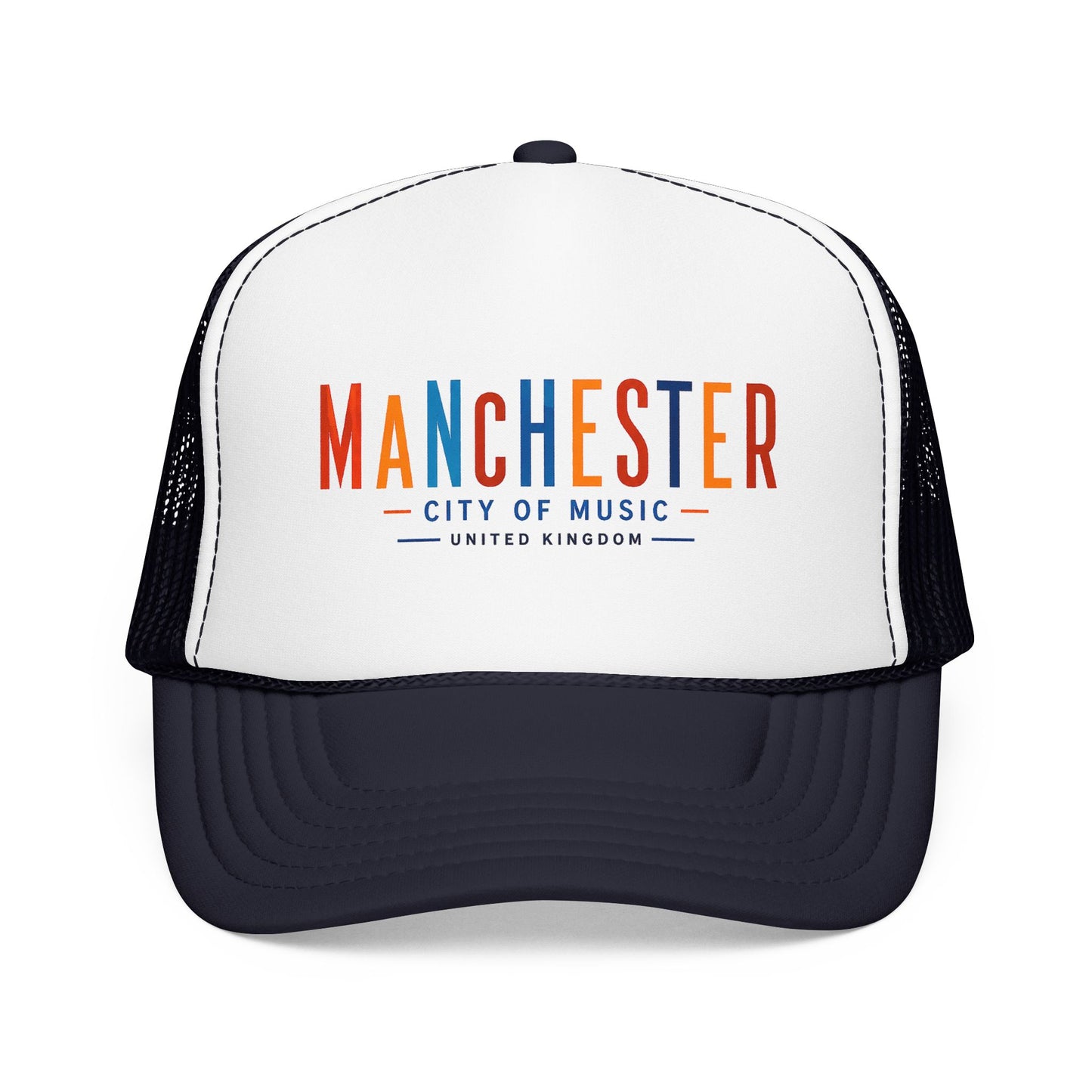 White and dark navy trucker hat with Manchester City of Music logo on front.
