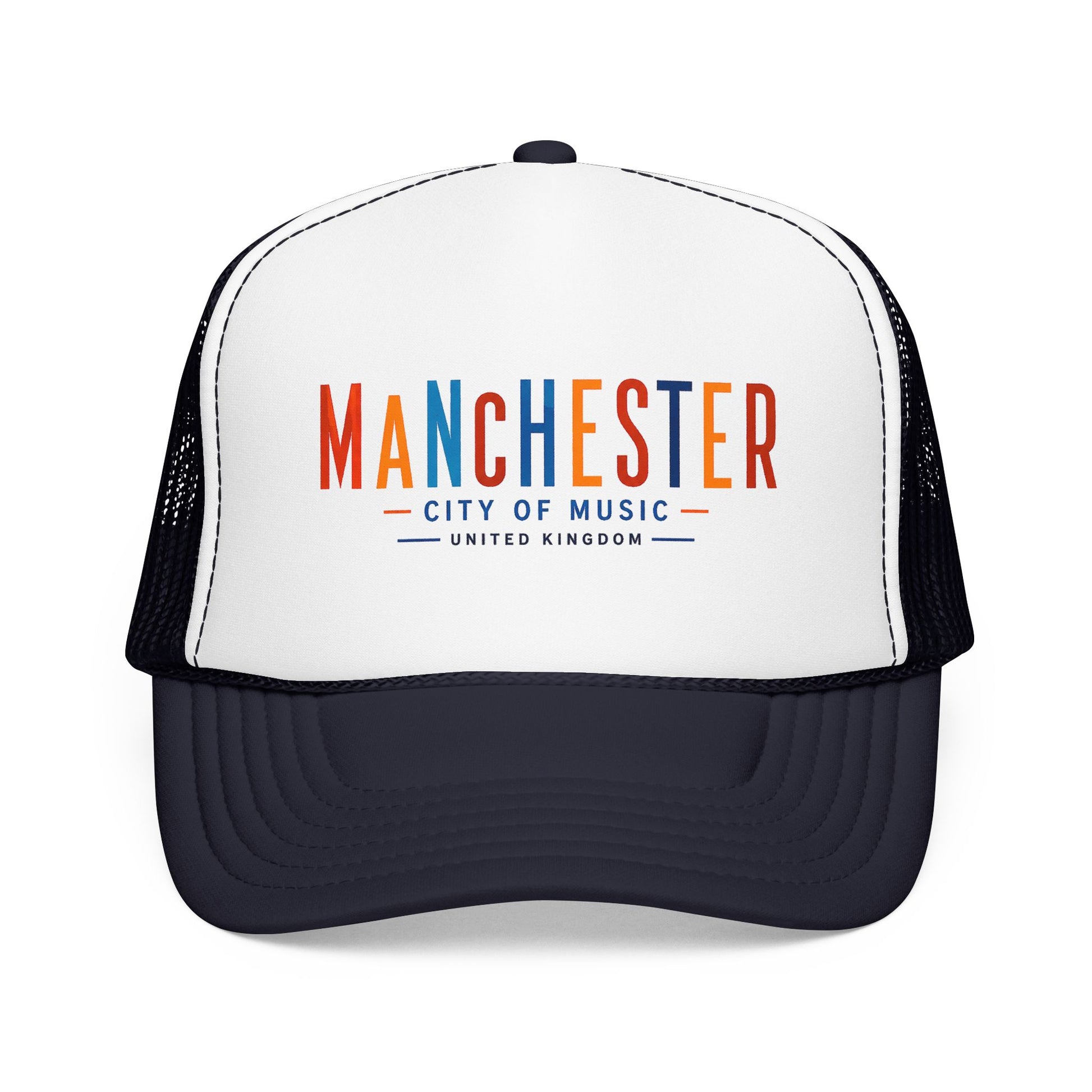 White and dark navy trucker hat with Manchester City of Music logo on front.