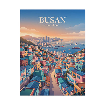 Rolled travel poster showing Busan Gamecheon hills, bridges, and harbor skyline