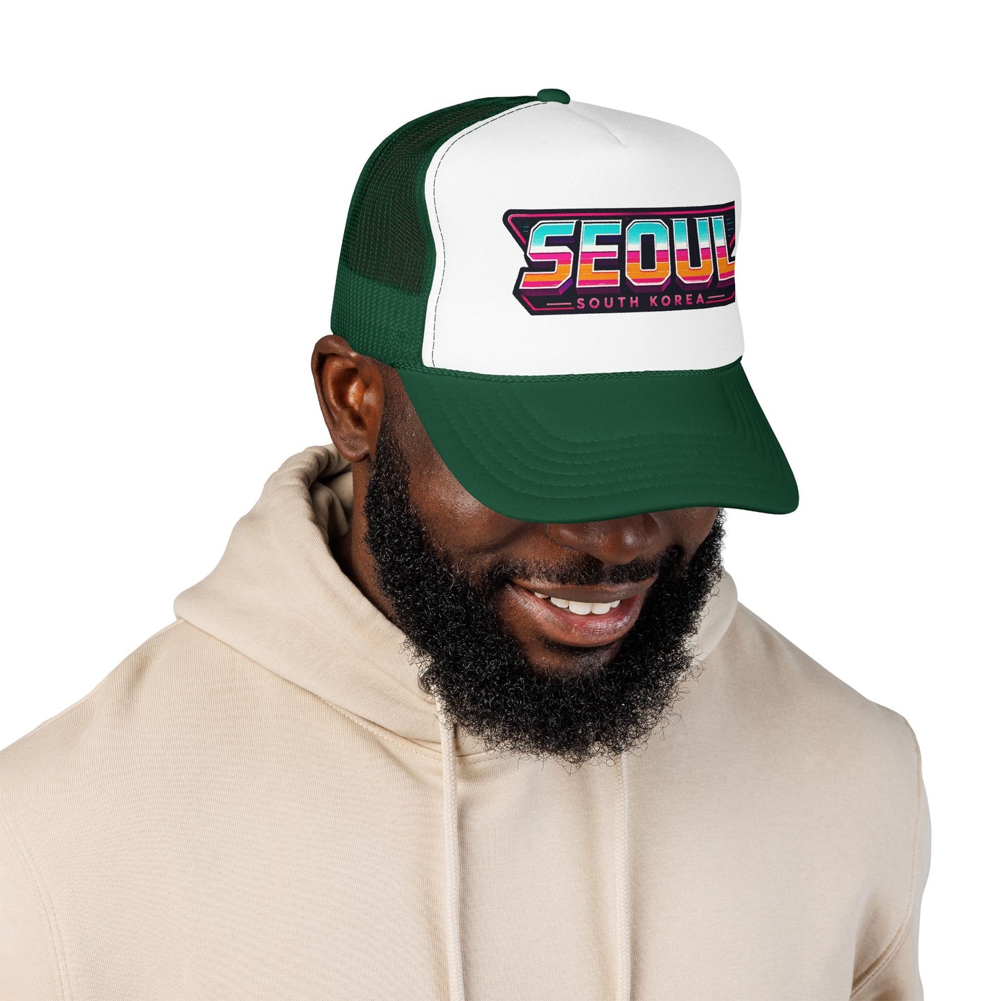 Dark green and white trucker hat with “SEOUL South Korea” logo patch, worn by model
