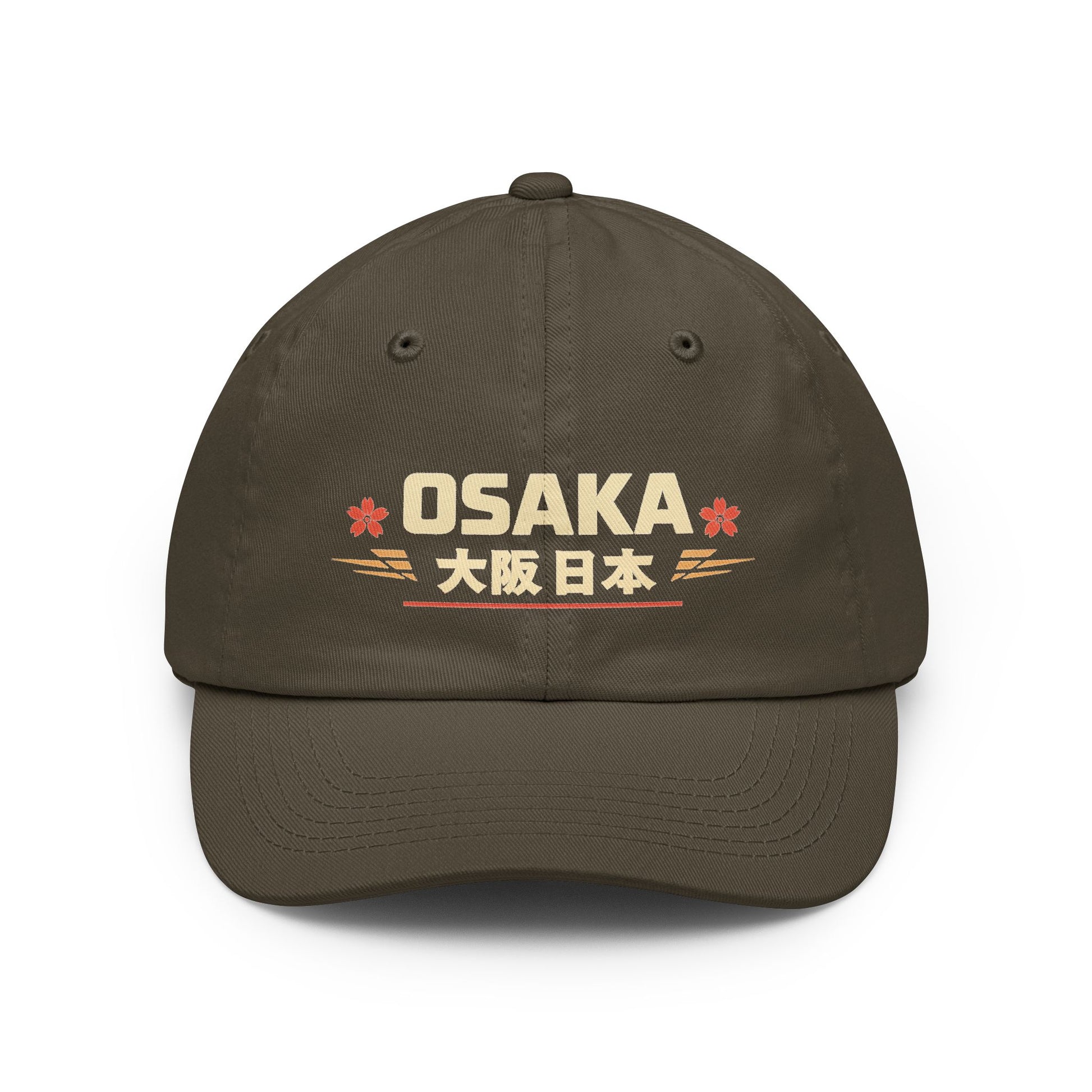 Olive vintage dad hat with embroidered Osaka front logo and curved brim