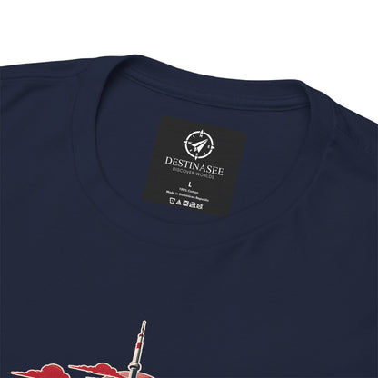 Navy T-shirt close-up: neck label and partial Toronto skyline graphic