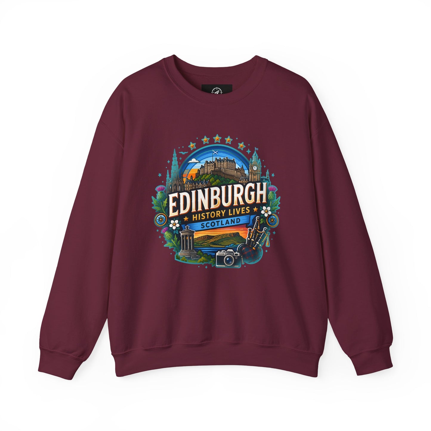 Maroon crewneck sweatshirt with front “Edinburgh” graphic print
