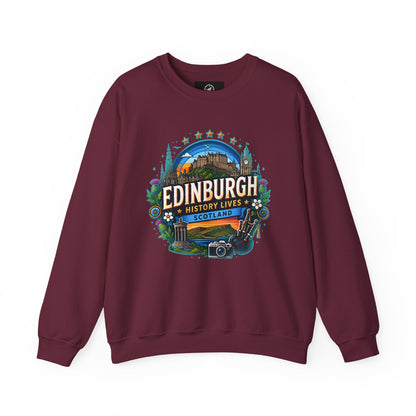 Maroon crewneck sweatshirt with front “Edinburgh” graphic print