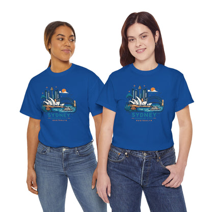 Royal blue crew-neck T-shirt with colorful Sydney Australia cityscape graphic front