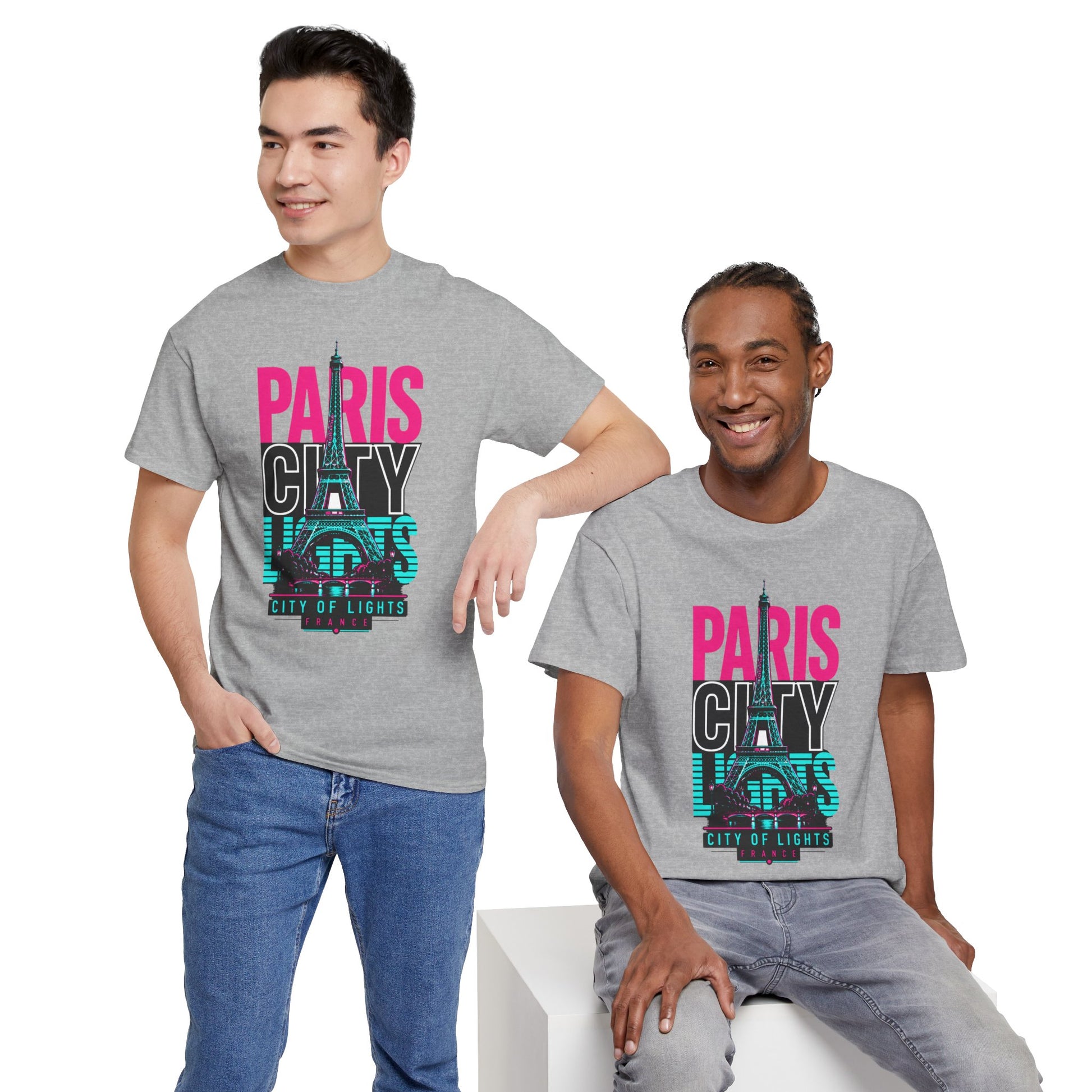 Heather gray crewneck t-shirt with “PARIS CITY” neon Eiffel Tower graphic on models