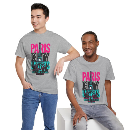 Heather gray crewneck t-shirt with “PARIS CITY” neon Eiffel Tower graphic on models