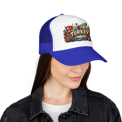 Blue and white mesh trucker hat with colorful Turkey logo patch and curved brim