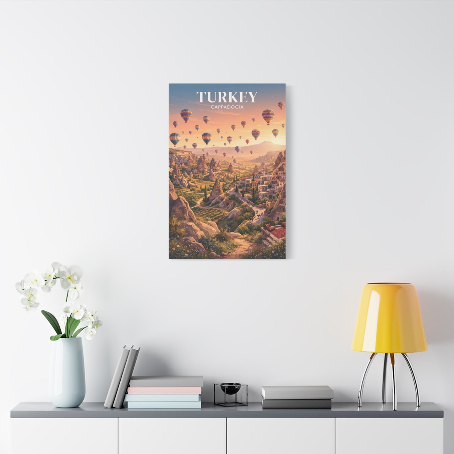 Turkey Cappadocia canvas wall art featuring hot air balloons above a rocky valley