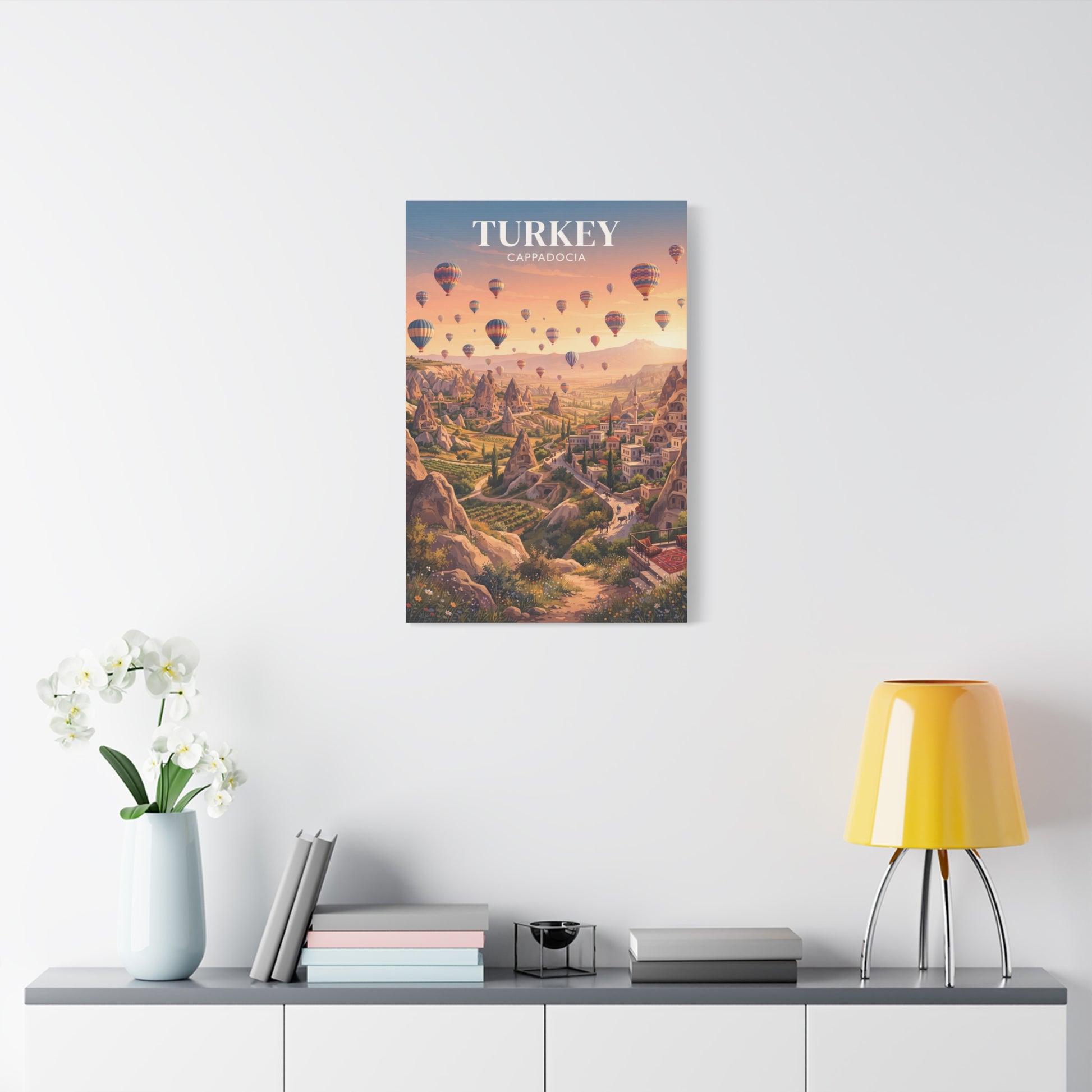 Turkey Cappadocia canvas wall art featuring hot air balloons above a rocky valley