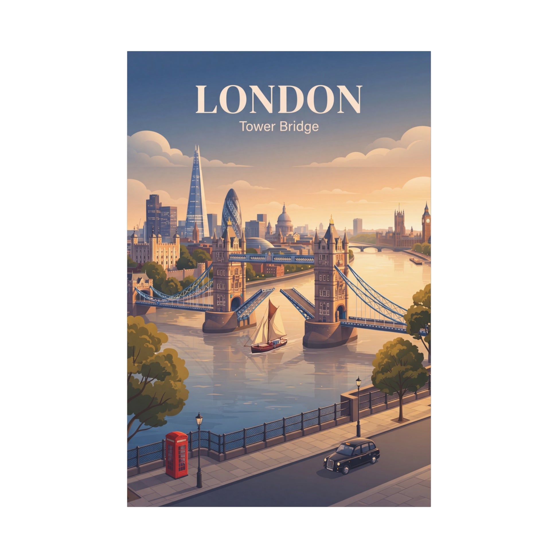 Tower Bridge London matte canvas wall art with golden sky and boats beneath “LONDON” title