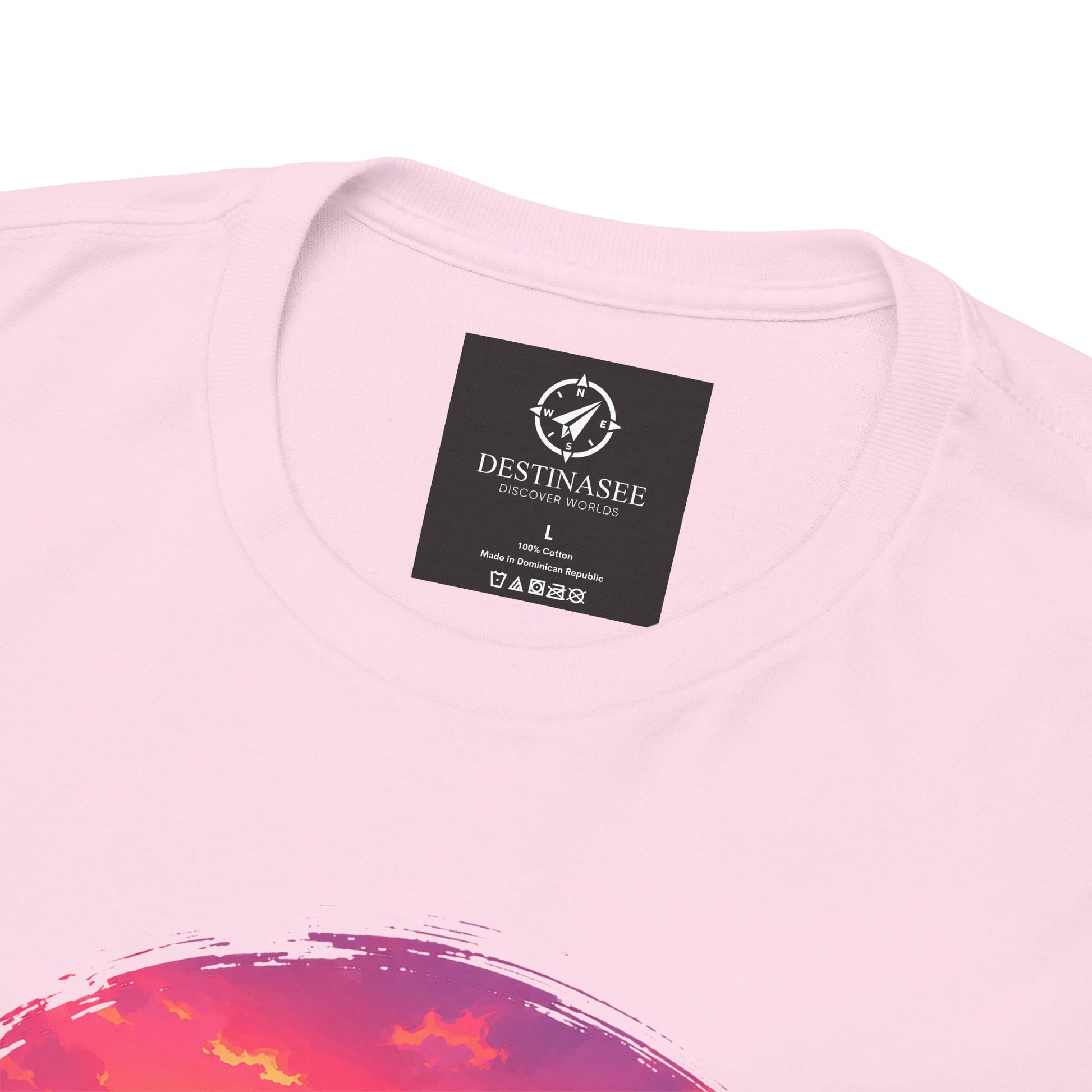 Light pink T-shirt close-up of neck label and partial chest graphic
