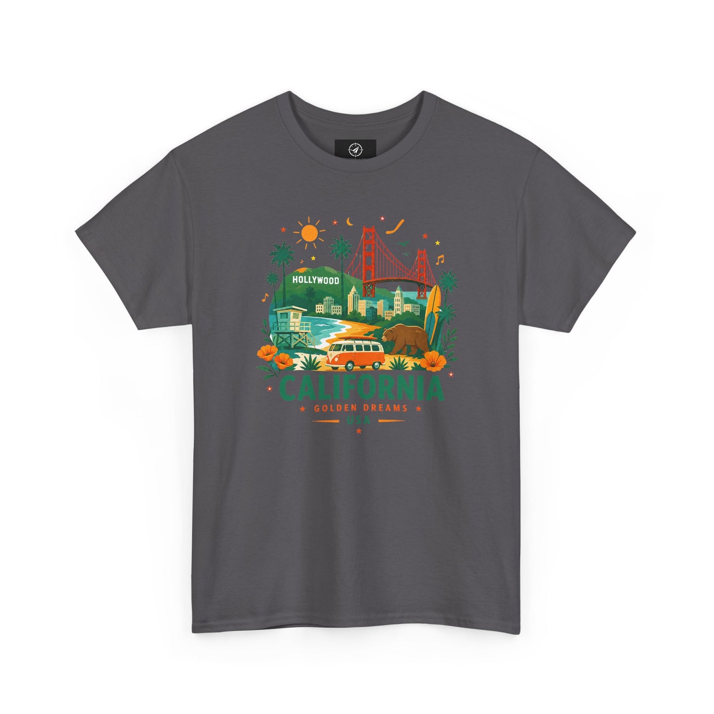 Charcoal gray crewneck T-shirt with colorful California skyline graphic print