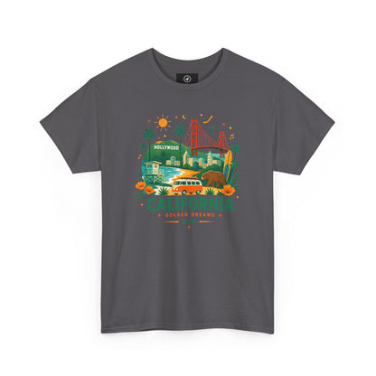Charcoal gray crewneck T-shirt with colorful California skyline graphic print