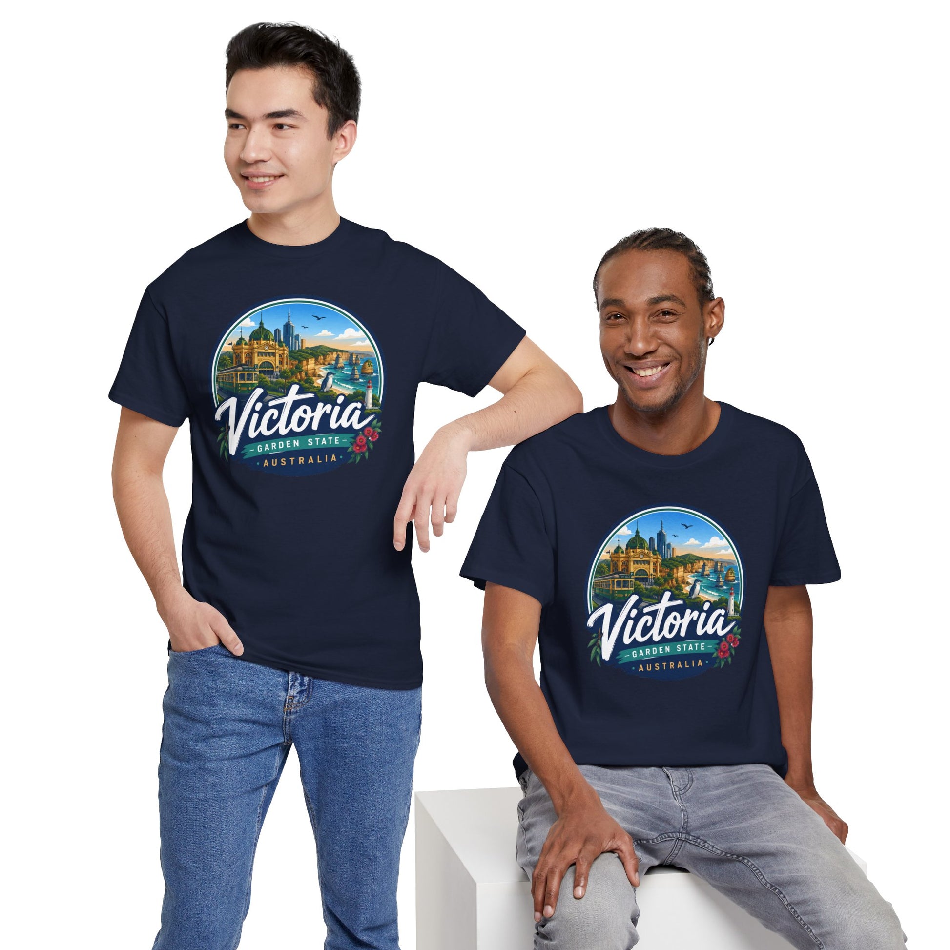 Navy crew-neck travel t-shirt with circular Victoria landmark graphic, worn by men