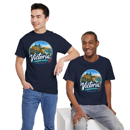 Navy crew-neck travel t-shirt with circular Victoria landmark graphic, worn by men