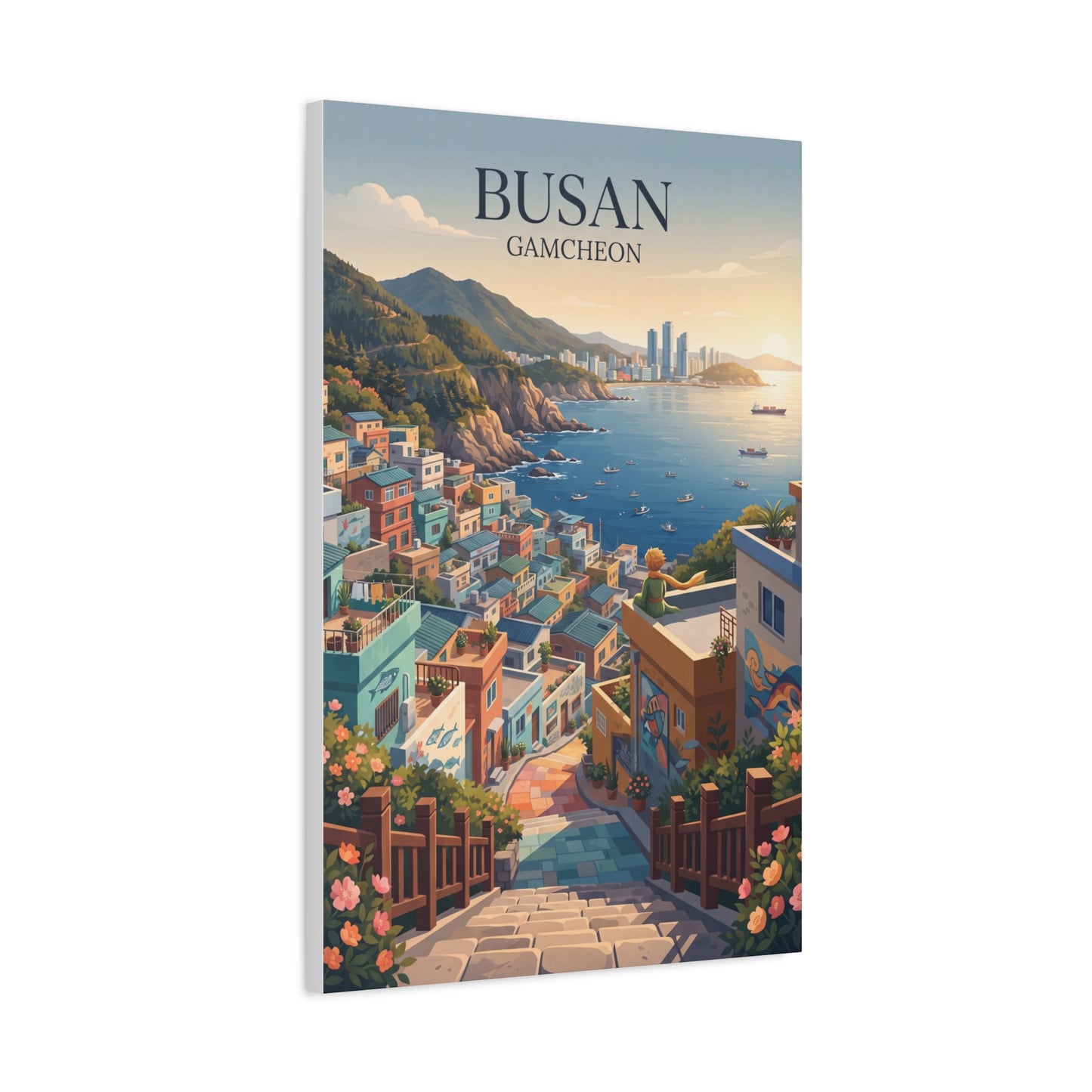 Matte canvas wall art showing Busan Gamcheon harbor hills view with 'BUSAN GAMCHEON'