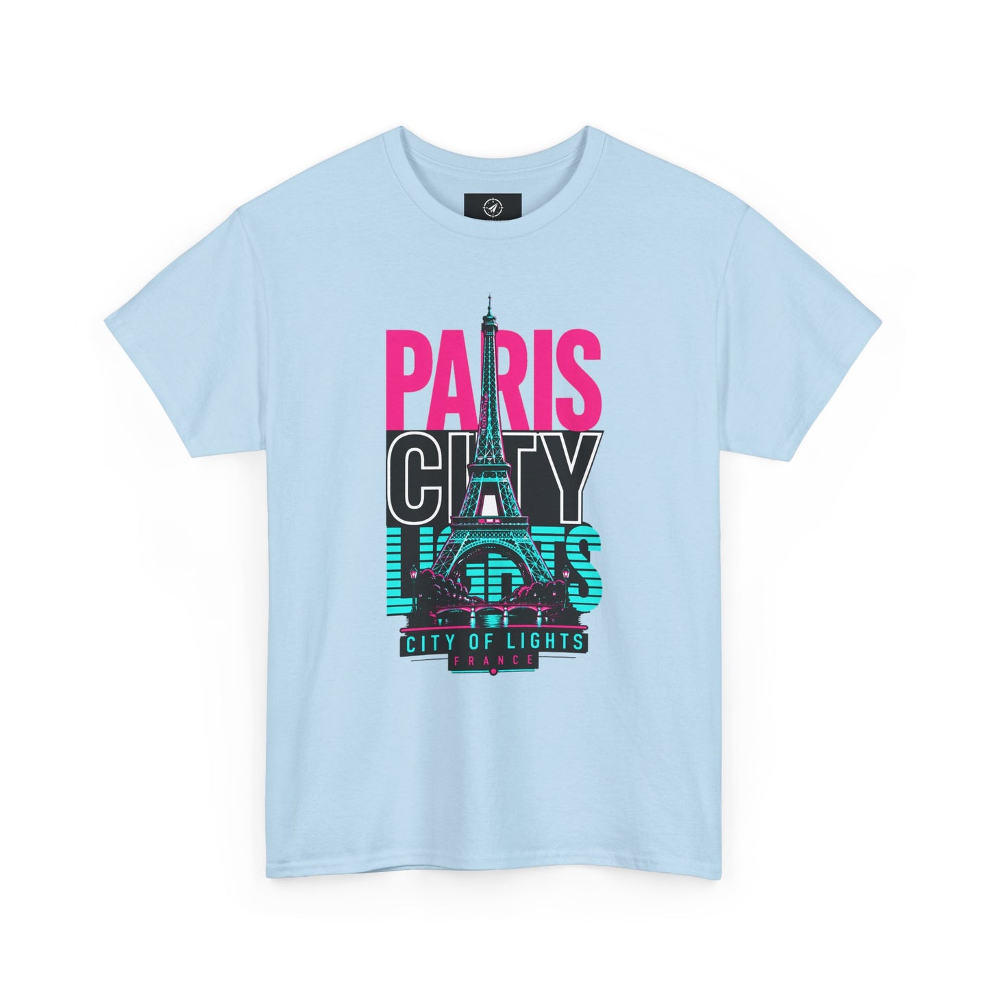 Light blue crewneck T-shirt with PARIS CITY OF LIGHTS Eiffel graphic