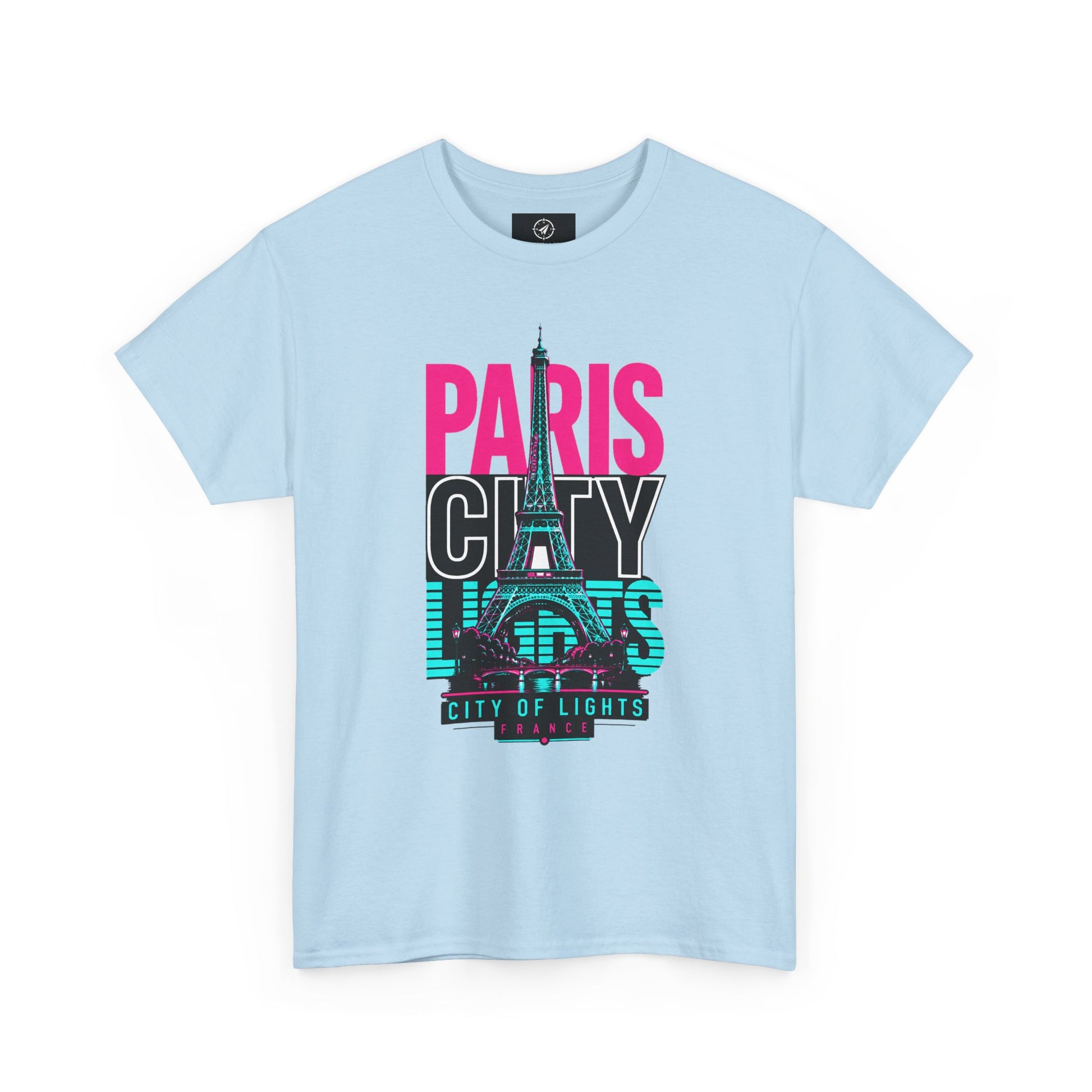 Light blue crewneck T-shirt with PARIS CITY OF LIGHTS Eiffel graphic
