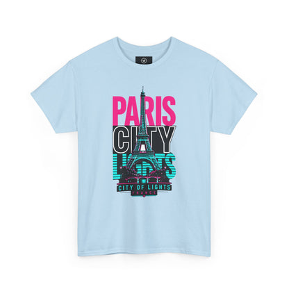 Light blue crewneck T-shirt with PARIS CITY OF LIGHTS Eiffel graphic