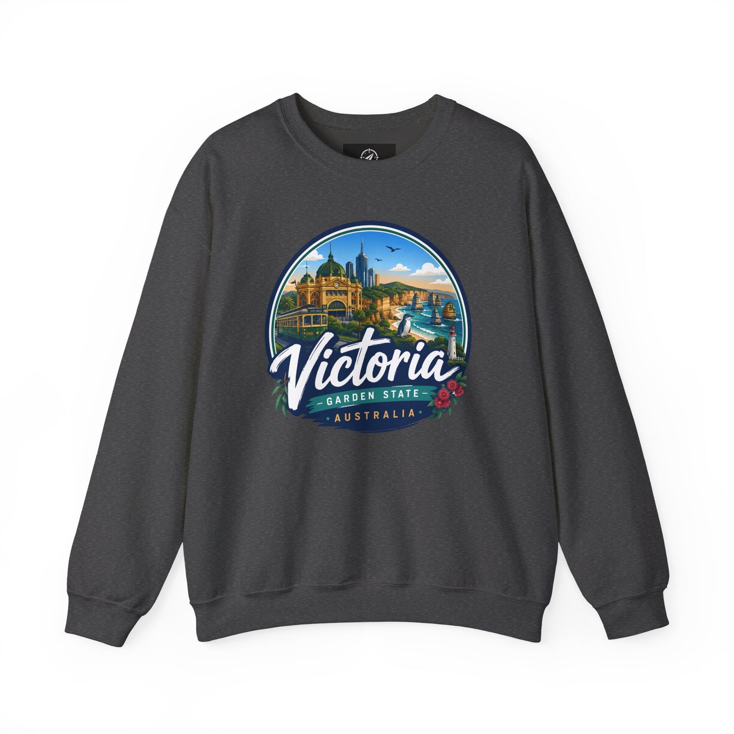 Dark heather crewneck sweatshirt with colorful Victoria graphic on the front