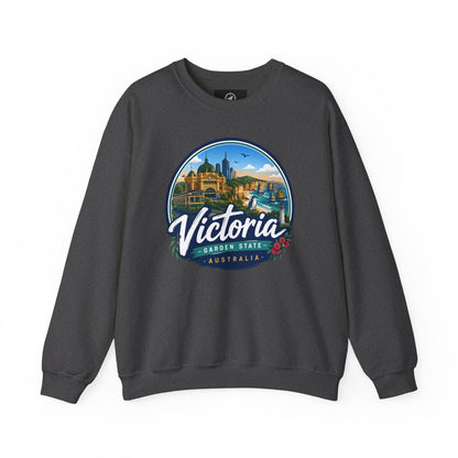 Dark heather crewneck sweatshirt with colorful Victoria graphic on the front
