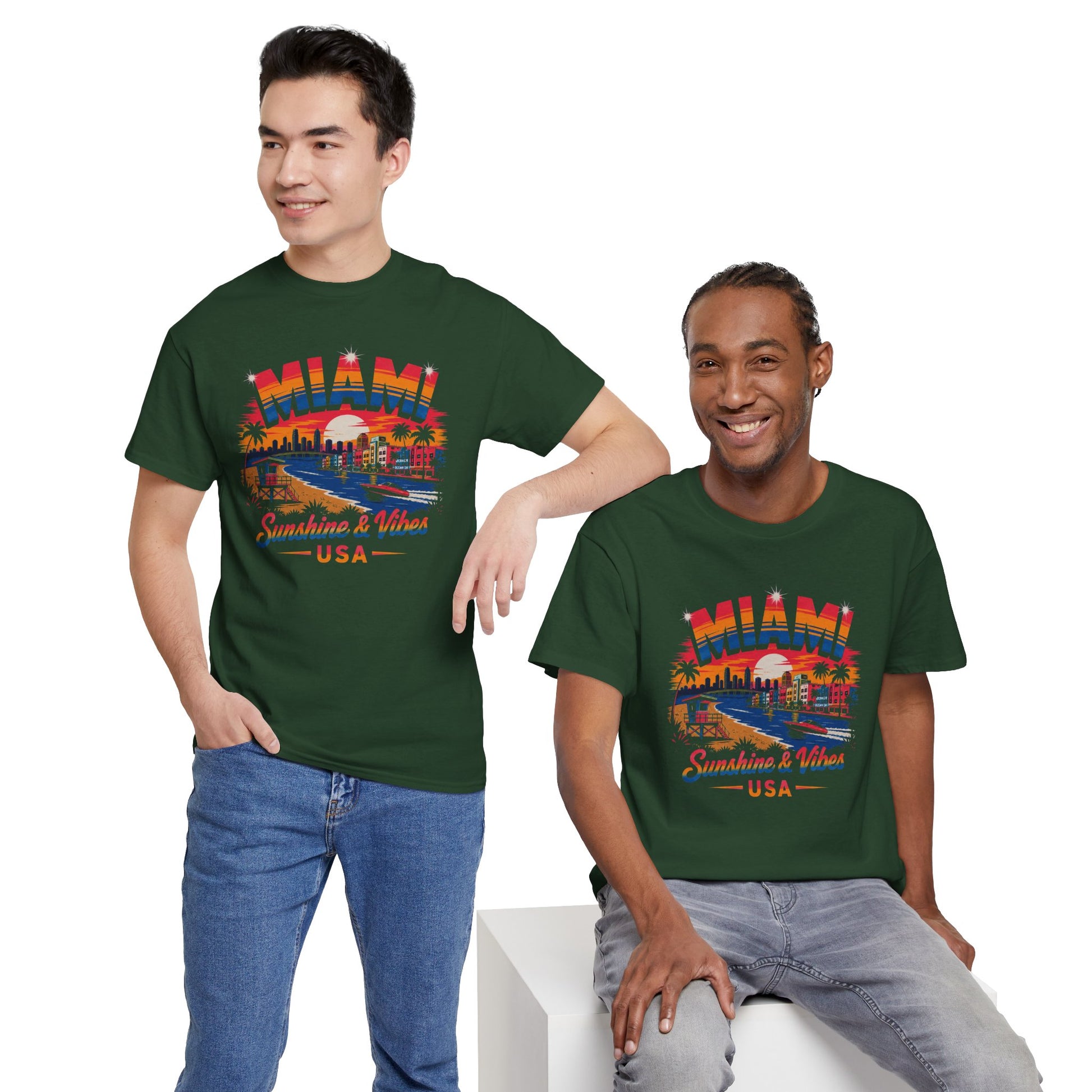 Forest green T-shirt with Miami skyline graphic and USA lettering on the chest