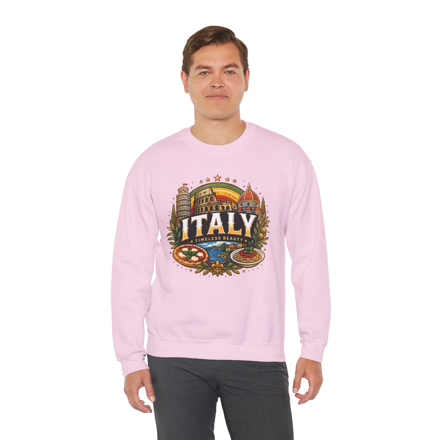 Light pink crewneck sweatshirt with Italy emblem graphic, worn by model