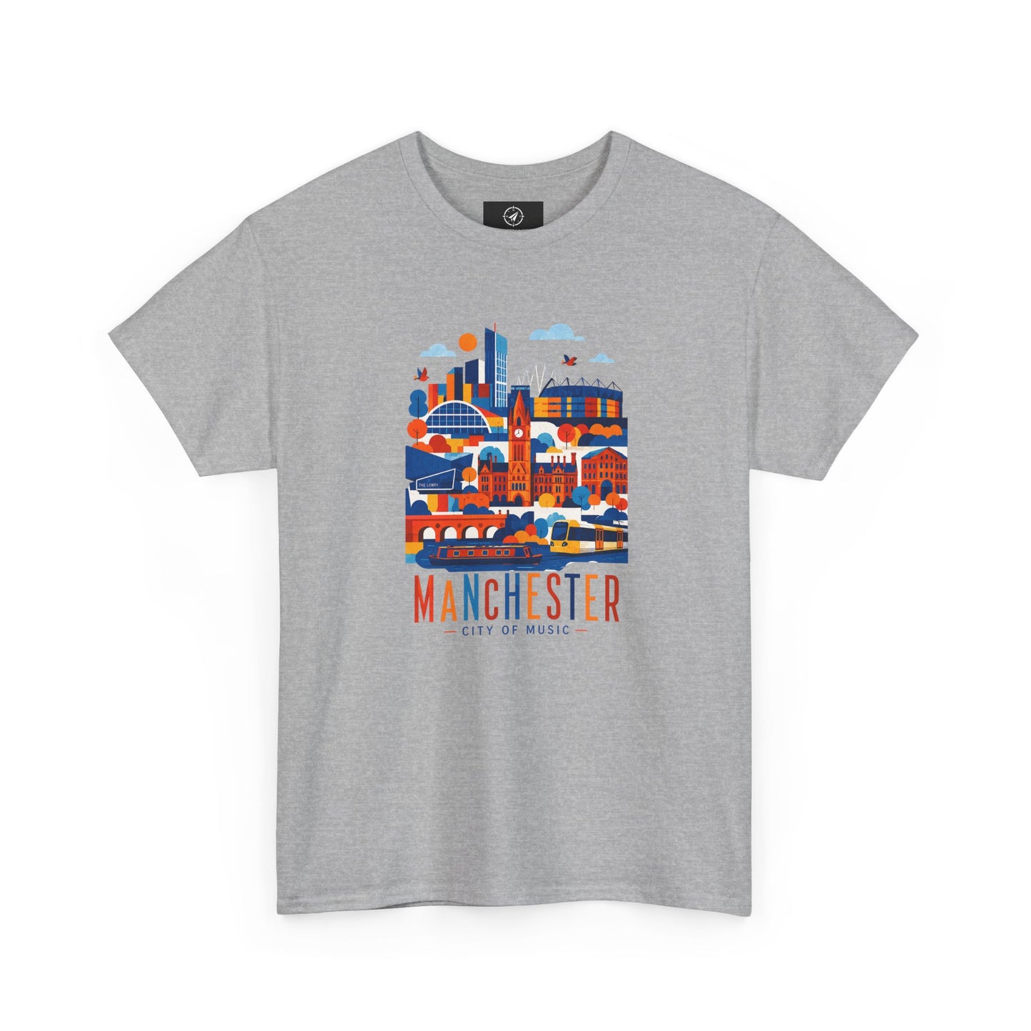 Heather gray short-sleeve crewneck T-shirt with Manchester skyline graphic on front