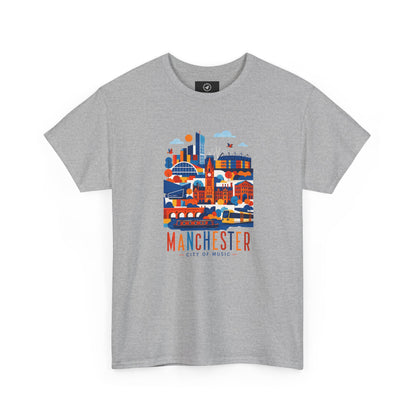 Heather gray short-sleeve crewneck T-shirt with Manchester skyline graphic on front