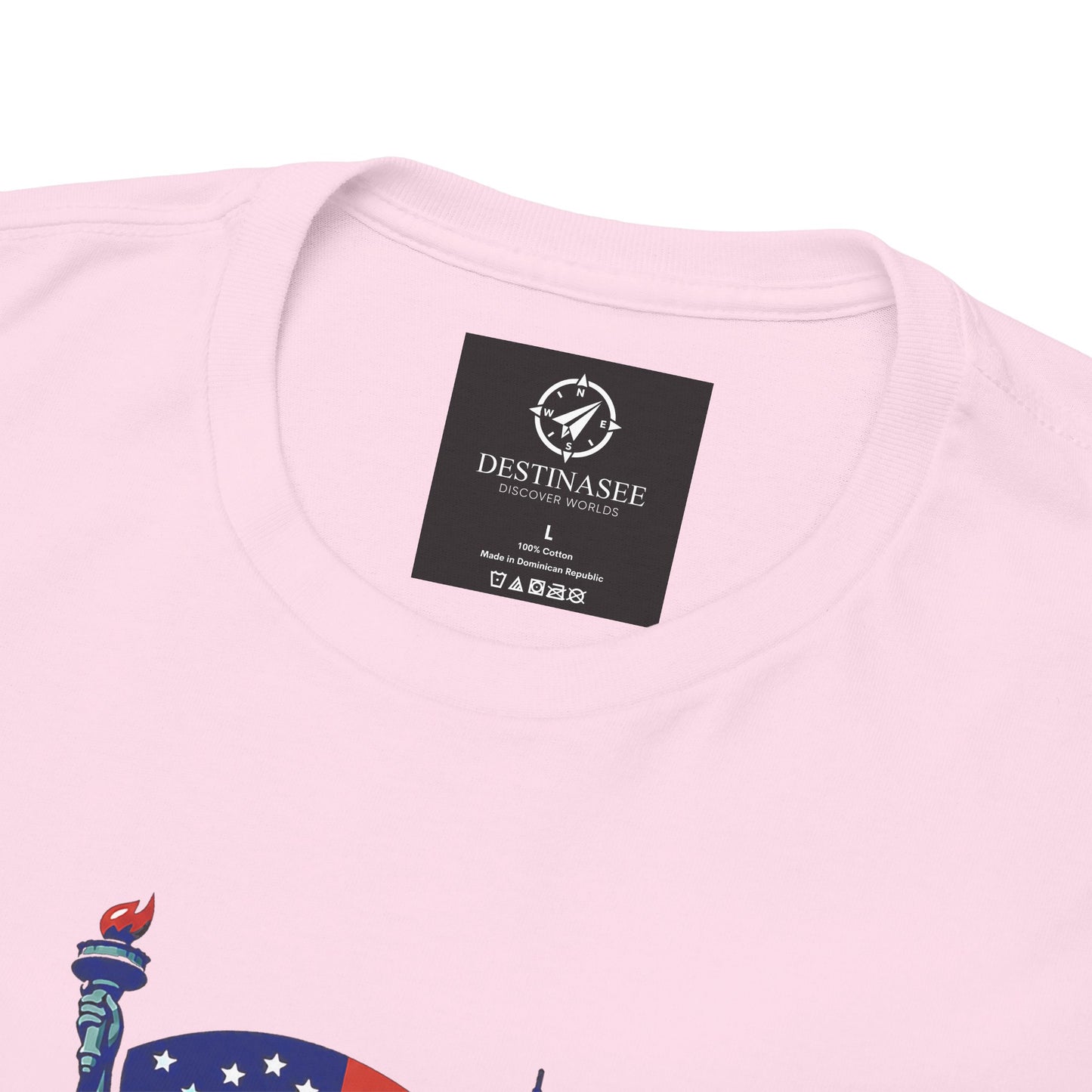 Light pink crewneck T-shirt close-up of neck label with partial Statue graphic corner
