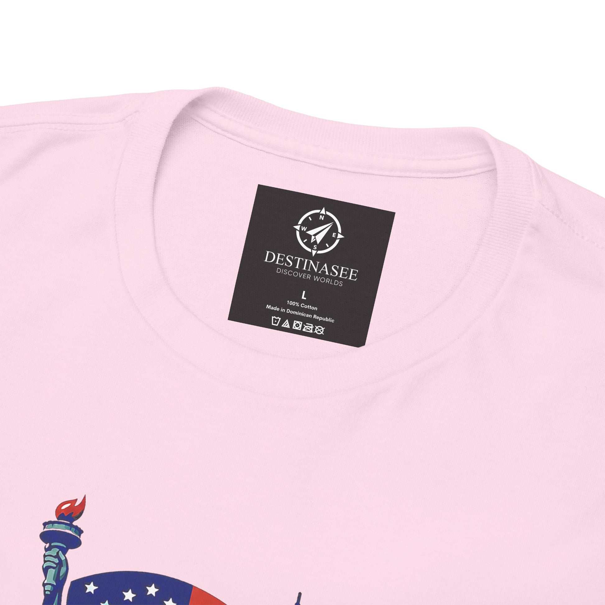 Light pink crewneck T-shirt close-up of neck label with partial Statue graphic corner