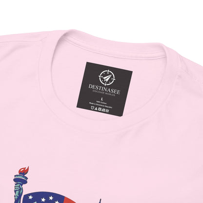 Light pink crewneck T-shirt close-up of neck label with partial Statue graphic corner