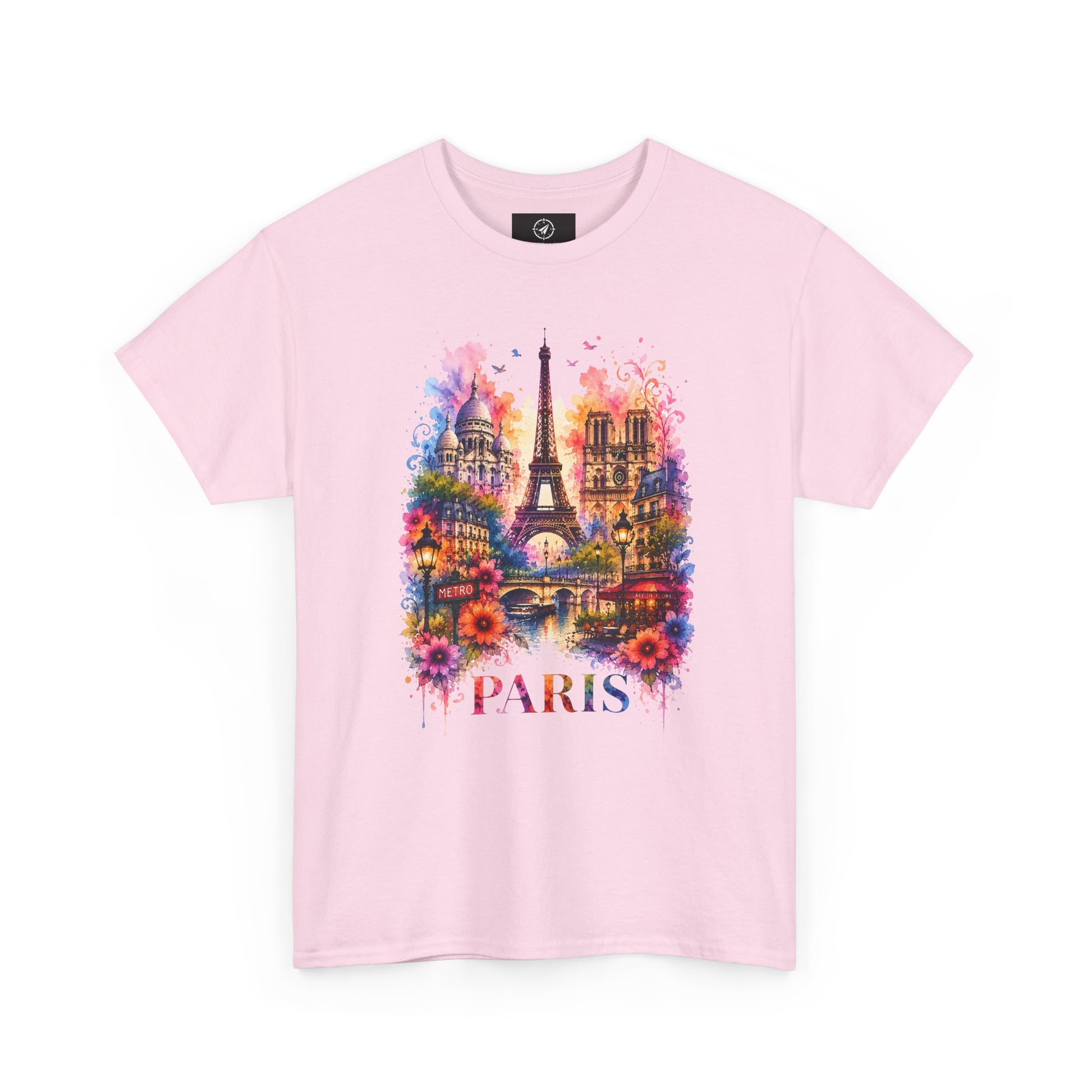 Light pink T-shirt with colorful Eiffel Tower floral watercolor graphic and PARIS text
