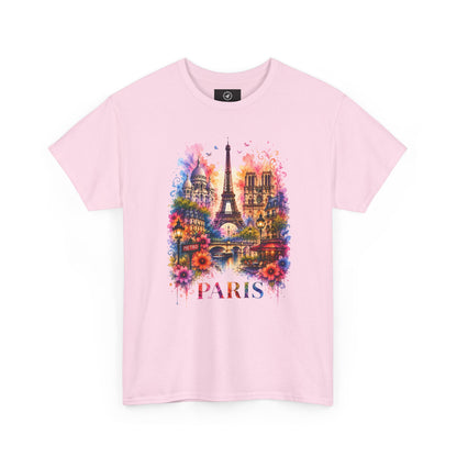 Light pink T-shirt with colorful Eiffel Tower floral watercolor graphic and PARIS text