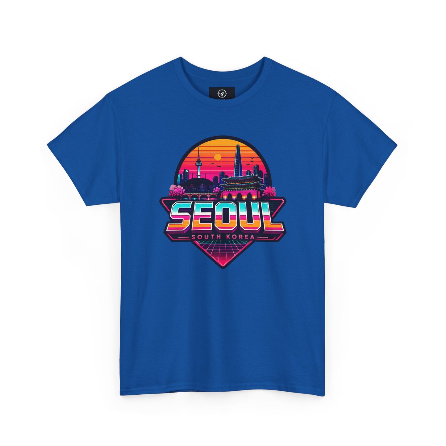 Royal blue Seoul retro city T-shirt with colorful sunset skyline logo on front