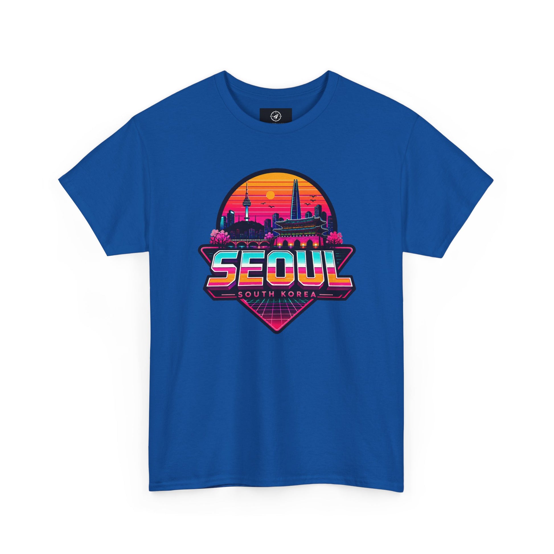 Royal blue Seoul retro city T-shirt with colorful sunset skyline logo on front