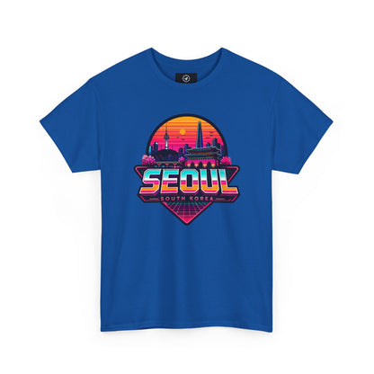 Royal blue Seoul retro city T-shirt with colorful sunset skyline logo on front