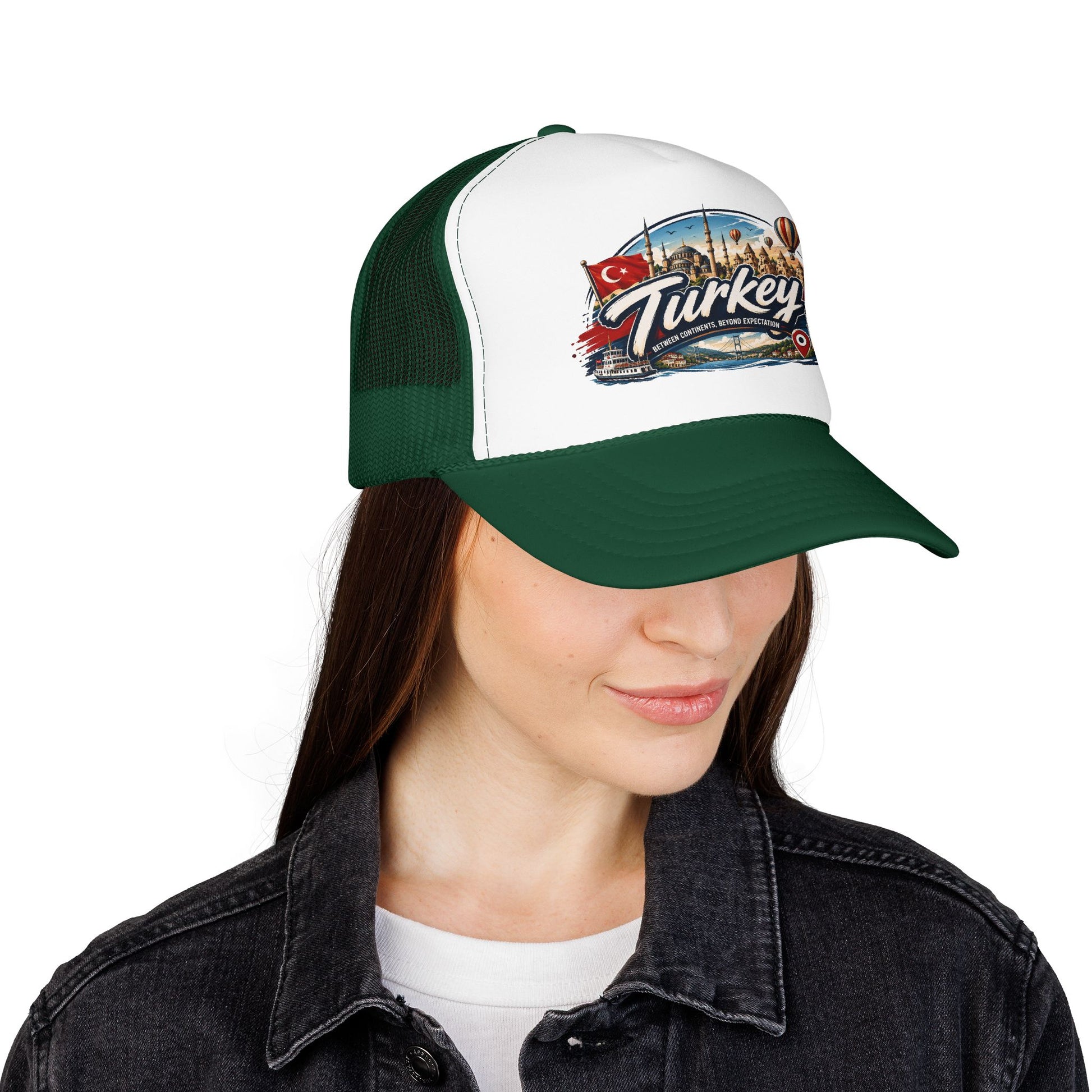 Turkey travel trucker hat with white front panel and dark green brim, worn by a woman