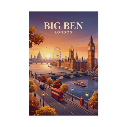 Vertical London city poster with Big Ben, river, bridge, and red double-decker bus.
