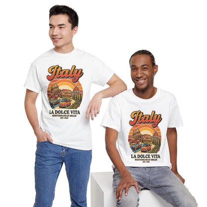 Dark brown vintage graphic T-shirt with orange Italy text and car illustration on front
