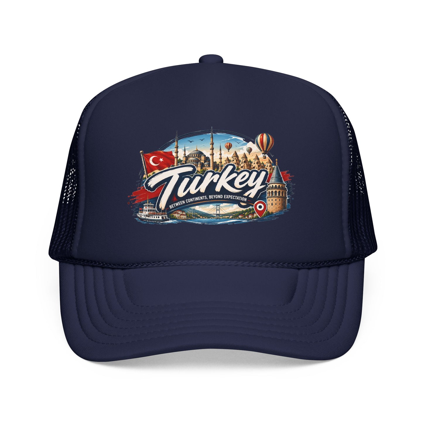 Navy trucker hat with mesh sides and Turkey travel graphic patch on the front