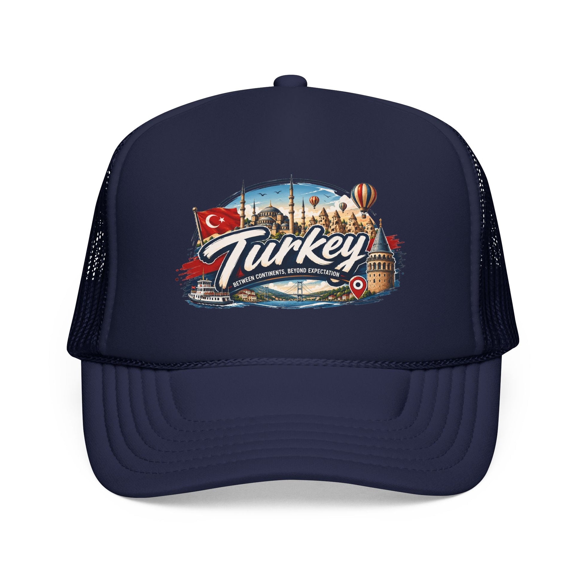 Navy trucker hat with mesh sides and Turkey travel graphic patch on the front