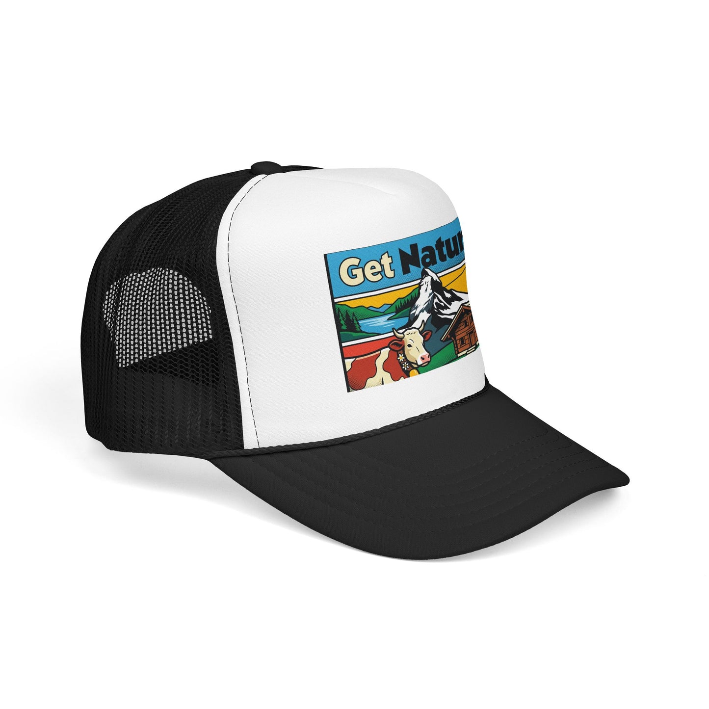 Trucker hat with white front panel, black mesh back, black brim, and Get Natural patch