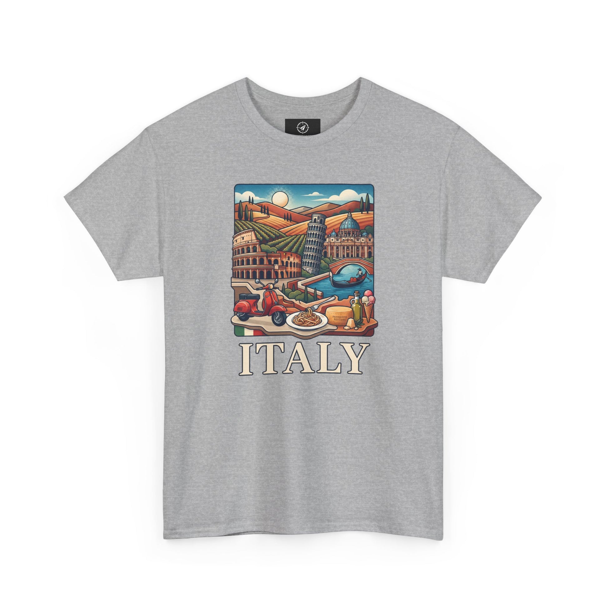 Heather gray short-sleeve crewneck graphic T-shirt with Italy scene and “ITALY” text