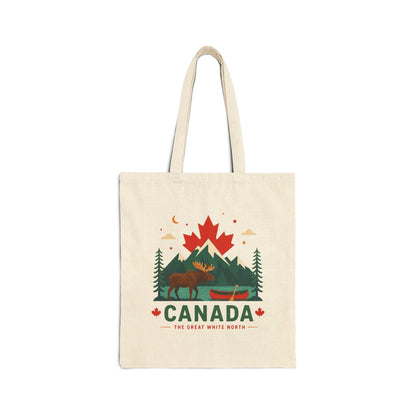 Natural canvas tote bag with Canada moose and trees graphic on front