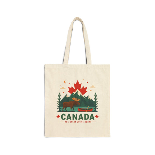 Natural canvas tote bag with Canada moose and trees graphic on front